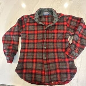 Vintage 60s Pendleton Red Plaid Wool Shirt Jacket Girls 12 large/ blue gold tag